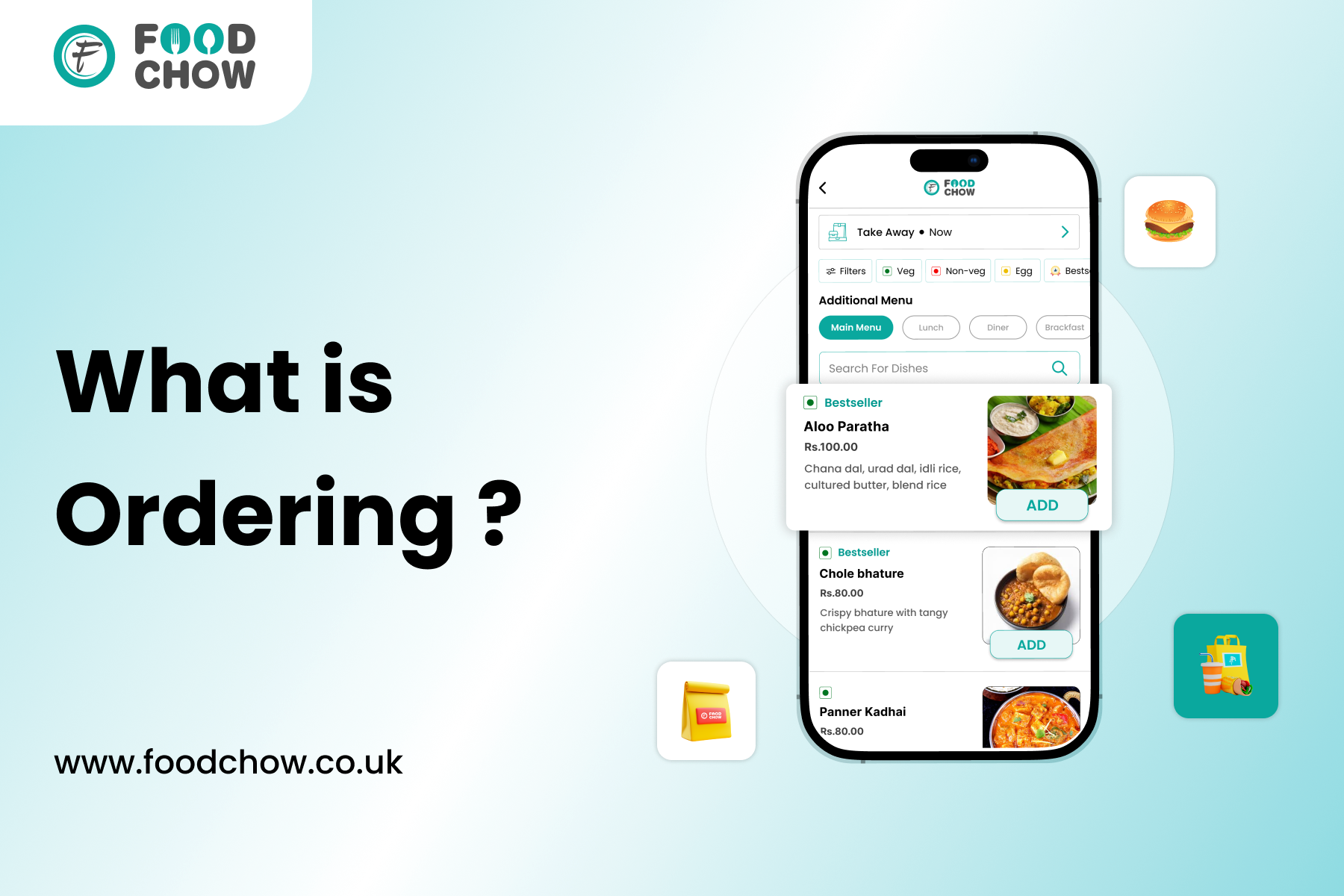 FoodChow online ordering system interface showing restaurant menu items, prices, and add-to-cart options on a mobile app for contactless food ordering.