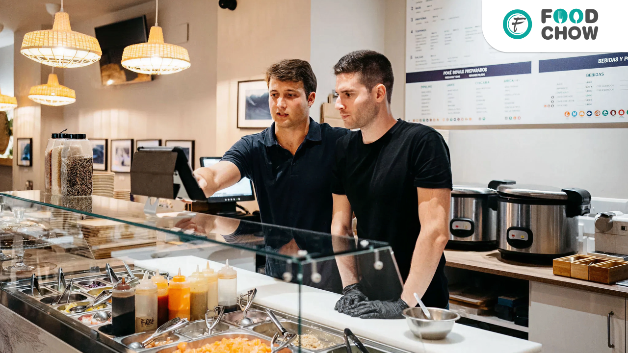 Restaurant staff reviewing operations at the counter using digital systems to improve daily workflow and business efficiency