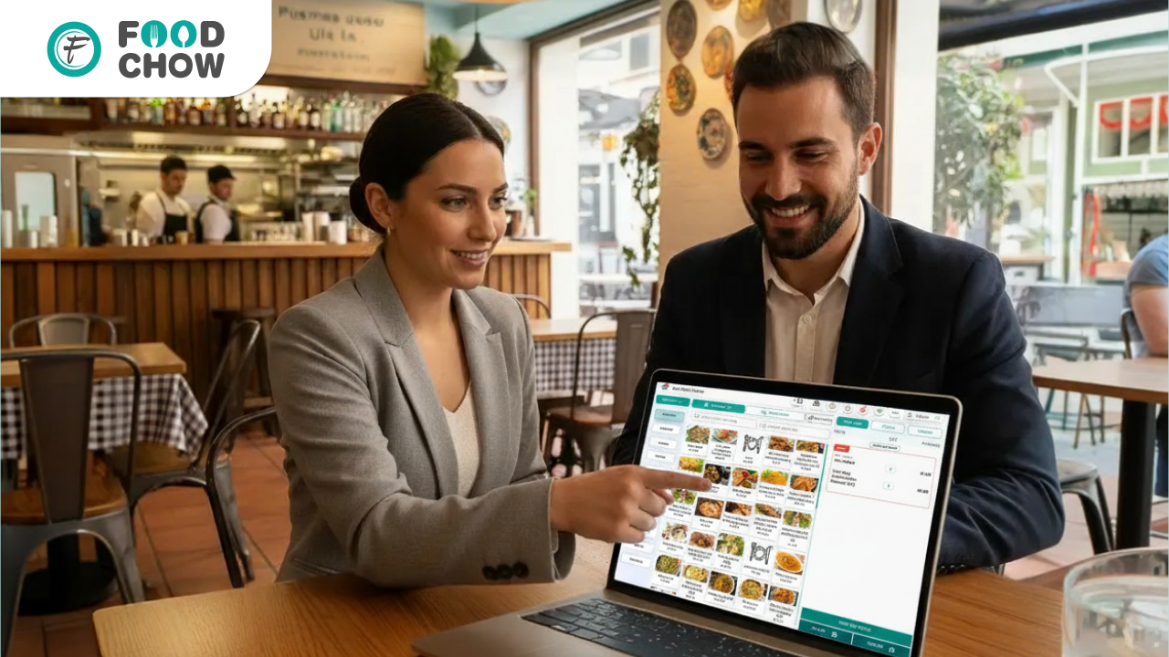 FoodChow POS reseller program in Spain demo showing restaurant POS system and digital ordering dashboard in a Spanish café