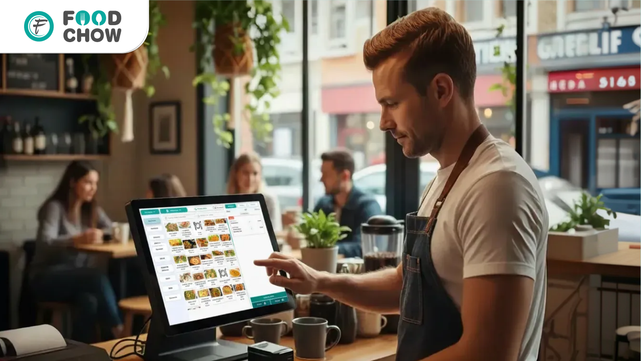 Restaurant owner using FoodChow POS system on tablet for billing and order management in a USA café