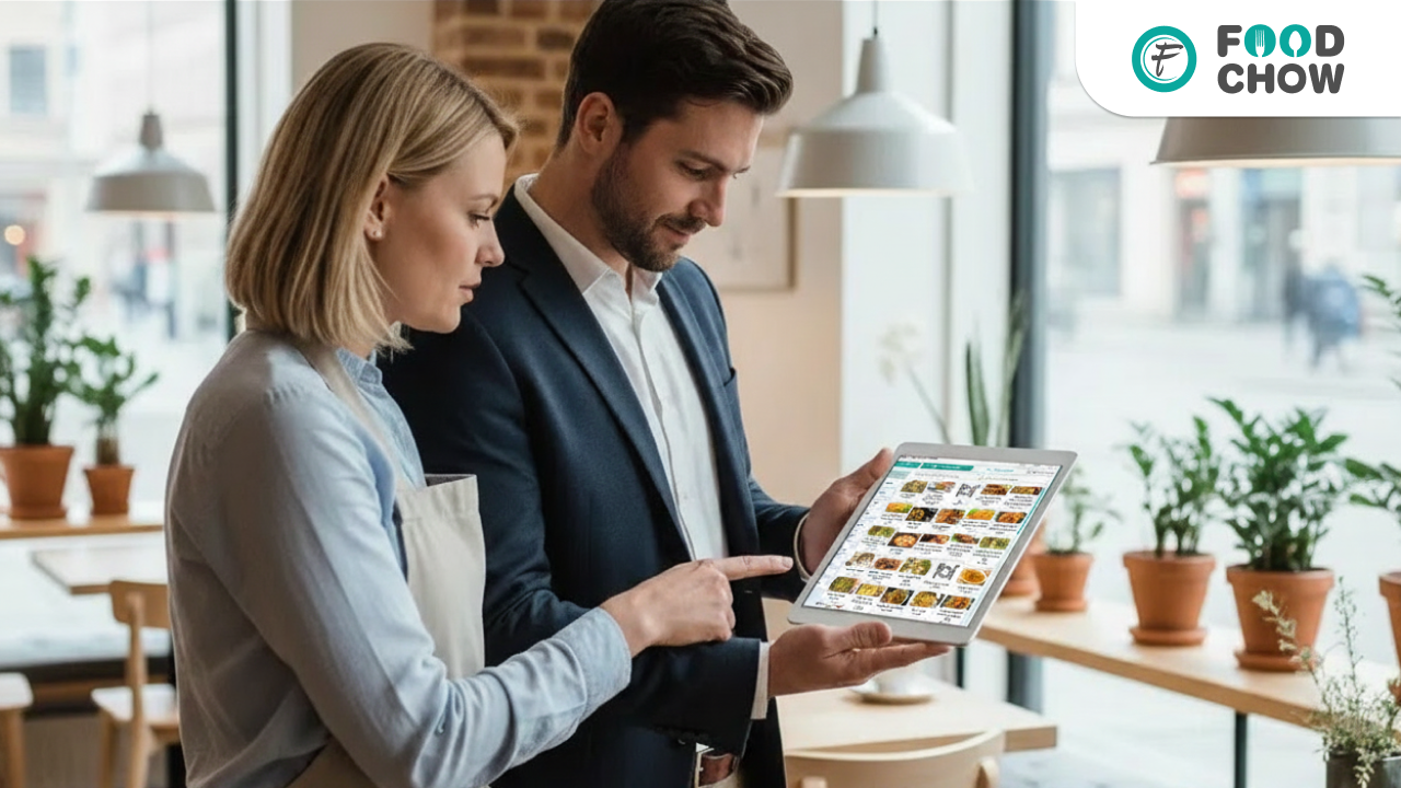 FoodChow POS reseller program in Sweden showing cloud-based POS menu system on tablet in a restaurant