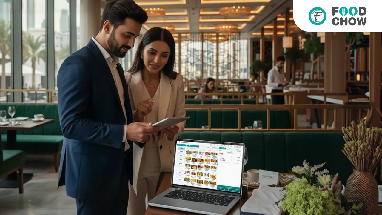 Restaurant owners reviewing a POS system and online ordering software in a UAE restaurant using FoodChow
