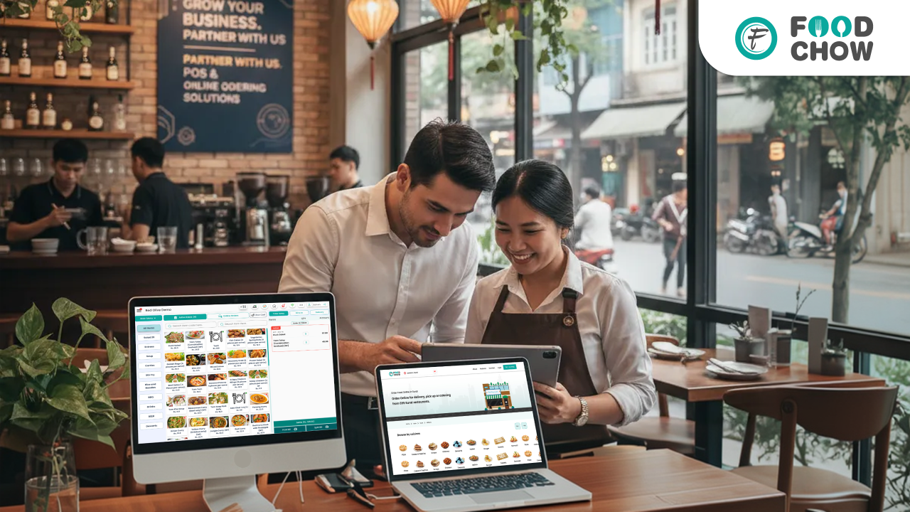 Restaurant staff using a POS system and online ordering software to manage orders in a modern café